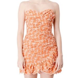 Bardot Strapless Orange Dress with White Embroidery